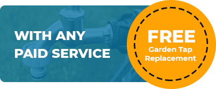 A promotional image featuring a free garden tap replacement with any paid service. The background showcases an image of a tap, and to the right, there's a circular badge with the text "FREE Garden Tap Replacement." Sydney's top plumber brings you this exclusive offer!