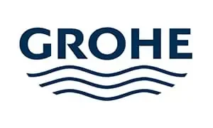 The image shows the GROHE logo. The text "GROHE" is in bold, dark blue, uppercase letters. Below the text, there are three stylized, dark blue wavy lines, representing water—a fitting touch for any plumber in Sydney. The background is white.