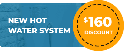 A promotional graphic with a background image of a hot water system. Text on the left reads "New Hot Water System," and on the right, inside a dotted circle, it says "$160 Discount" in bold white letters on an orange background. Perfect for residents in Sydney looking for an expert plumber!
