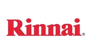 The image shows the Rinnai logo, which features the brand name "Rinnai" written in bold, red letters on a white background—an emblem often trusted by plumbers in Sydney.