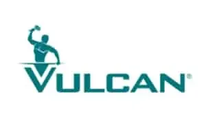 A logo featuring the word "VULCAN" in bold, turquoise-green letters. The letter 'V' is stylized with the silhouette of a man holding a hammer above it, resembling a blacksmith or mythical figure, echoing the strength and reliability of a Sydney plumber.