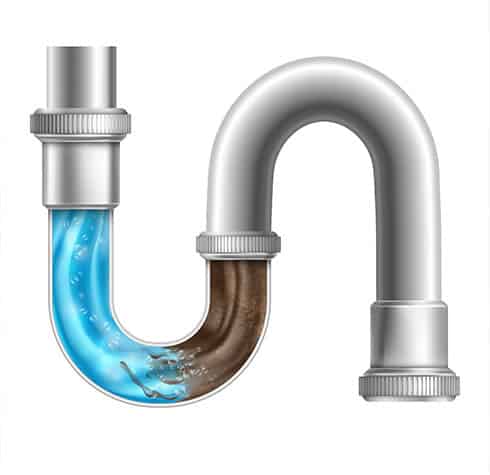Illustration of a metal drain pipe in a U-shape, showing a clear blue liquid jet cleaning the left side, flushing out a brown, dirty buildup on the right. The pipe fittings are visible at the top of both sides.