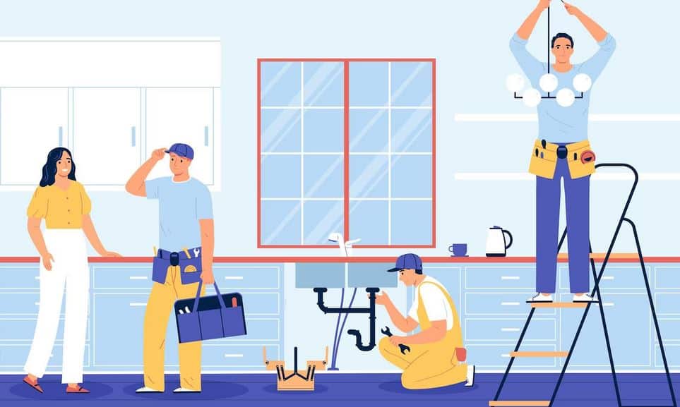 In a kitchen setting, a woman converses with a man holding a toolbox. To their right, another man from Reliable Appliance Installation Services repairs pipes under the sink, while a third man stands on a ladder installing a ceiling light fixture. The room features large windows and cabinets.