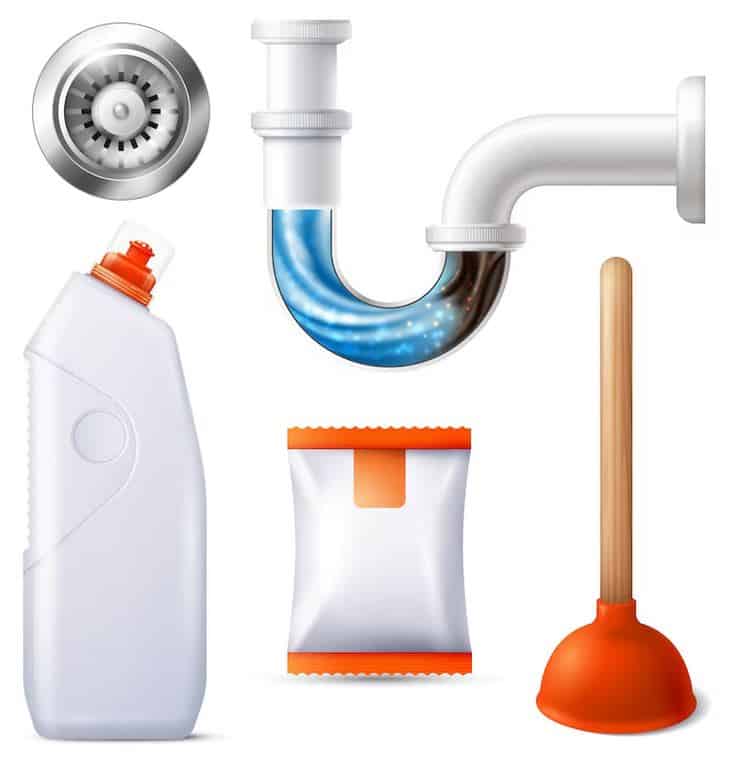 An image showing plumbing-related items: a drain, a cross-section of a U-shaped pipe with water, a white bottle with an orange cap, a packet with an orange strip across the top, and a red plunger with a wooden handle. Need a reputable plumber? This visual guide has tools and solutions to common issues.