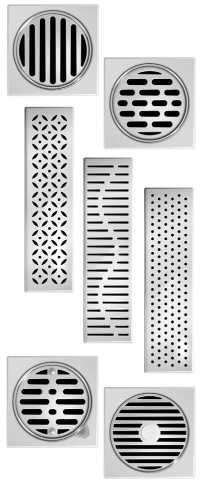 A collection of six metallic drain covers with various geometric patterns. The designs include circular, rectangular, and linear shapes, each with unique perforated patterns like dots, lines, and crisscrosses—all against a white background. Need a reputable plumber? These elegant covers add style to function.