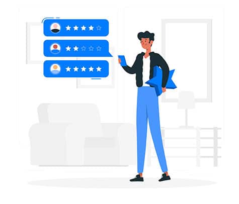 Illustration of a person in a room holding a large star under one arm and a smartphone in the other. They're interacting with three blue rating bars above their head, each showing different star ratings. The room features a sofa and lamp, creating an inviting space for searching "Need a reputable plumber?