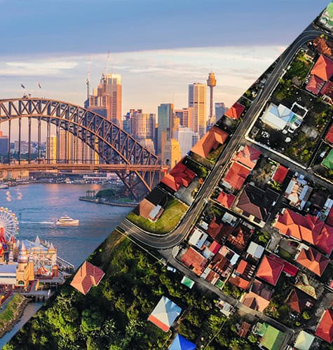 Aerial view split image: left shows a bustling cityscape with a prominent bridge over a waterway and tall buildings in the background; right shows a sprawling suburban area with neatly arranged houses and green spaces. Ever wondered, amidst these contrasting scenes, how much plumbers charge now in Australia?