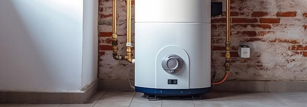 A white water heater sits against a brick wall in a room with tiled flooring. Copper pipes and a few electrical components, hinting at the debate of gas vs electric hot water tanks, are visible around the unit. The area is well-lit by natural light from an unseen window.