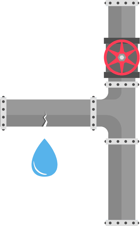 A vertical gray pipe with a red valve at the intersection with a horizontal pipe. Due to water pressure problems, the horizontal pipe has a small crack leaking a large blue water droplet.