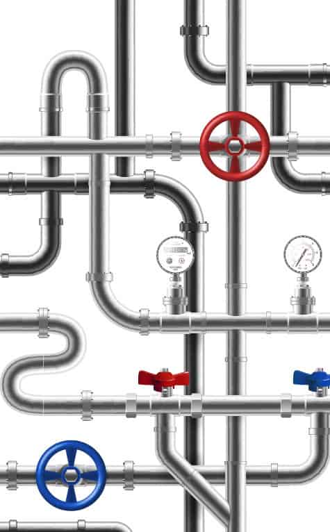 A complex network of metal pipes against a white background, featuring various twists and turns. The pipes have red, blue, and black valves, along with pressure gauges to monitor for potential water pressure problems. The red and blue valves are circular, while a few smaller ones are T-shaped.