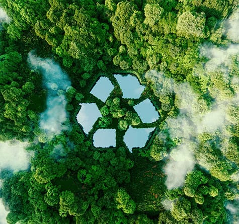 Aerial view of a dense forest featuring a design of five interconnected ponds forming a recycling symbol, reminiscent of green plumbing. The bright green foliage surrounds the clear blue water, with patches of white mist scattered throughout the scene.