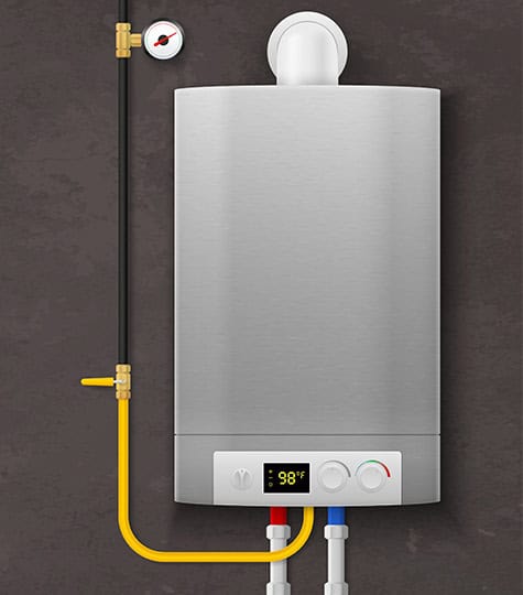A modern tankless water heater is mounted on a wall with visible plumbing connections. The front panel features a digital display showing the current water temperature as 98°F, along with control knobs and indicators. A pressure gauge is attached above. Embracing green plumbing, the background is a dark textured wall.