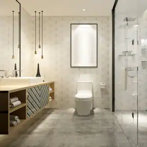 Modern bathroom renovation in Sydney featuring a wall-mounted vanity with open shelves, pendant lights, a framed picture above the toilet, and a glass-enclosed shower. White subway tile walls and grey tiled flooring create a clean and contemporary look.