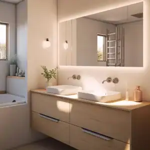 A modern bathroom in Sydney featuring a dual-sink wooden vanity, rectangular vessel sinks, and wall-mounted faucets. A large, illuminated mirror hangs above. The room includes soft lighting, a bathtub in the corner, shelves with decor, and a towel warmer against the wall—renovation perfection.
