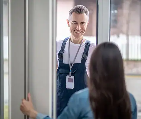 A smiling local plumber wearing overalls and a lanyard stands at the door, greeting a woman who is opening it. The woman is seen from behind, her long hair cascading down her back. The setting appears to be residential with a blurred white fence in the background.
