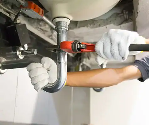A local plumber wearing gloves uses a red wrench to work on a pipe under a sink. The image captures the plumber's hands and the intricate plumbing setup.
