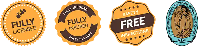 A set of four badges perfect for any plumber in Sydney. The first reads "Fully Licensed" in orange. The second says "Fully Insured" in dark brown and orange. The third declares "Free Safety Inspections" in brown and orange. The fourth features the Master Plumbers Association NSW logo in blue and gold.