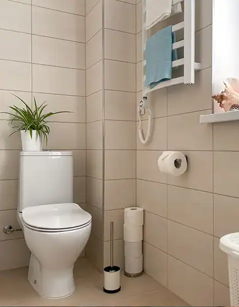 A small bathroom with beige tiled walls features a white toilet, a potted plant on the toilet tank, a toilet paper holder with a spare roll, and a toilet brush. A wall-mounted towel rack holds blue and white towels. A seashell and towel receiver are near the window, ensuring no blocked drains disrupt your peace.