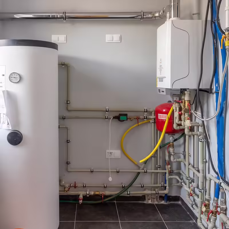 A well-organized utility room features a large white water heater tank, pipes, and a wall-mounted white boiler. The room has clean, light gray walls and a tiled black floor. Various valves, gauges, and connections are clearly visible for efficient hot water system repairs.