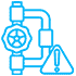 A simplified blue line icon depicting a mechanical pump with interconnected pipes and a control unit, perfect for representing a Sydney emergency plumber.