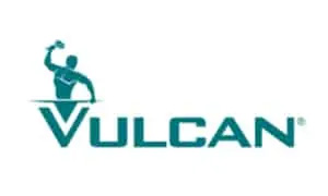 A logo featuring the word "VULCAN" in bold, turquoise-green letters. The letter 'V' is stylized with the silhouette of a man holding a hammer above it, resembling a blacksmith or mythical figure, echoing the strength and reliability of a Sydney plumber.