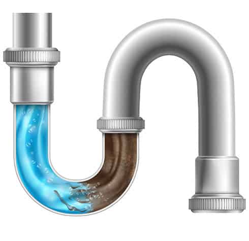 Illustration of a metallic plumbing pipe s-bend (u-bend) with clean water on the left side and a dark, clogged section on the right side, indicating a blockage, highlighting the need for jet cleaning to restore proper flow.