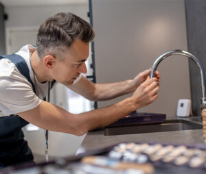A man in a white shirt and dark apron is fixing a kitchen faucet. He is focused on his task, working with his hands to adjust the spout. A set of tools is visible on the countertop nearby. The background shows a modern kitchen setting, perfect for his jet-cleaning plumbing work.