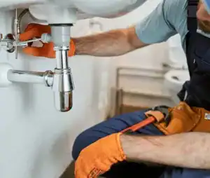 A plumber from All General Plumbing, wearing orange gloves and blue overalls, is fixing pipes under a sink. He has a tool belt with various tools around his waist and a red pipe wrench in his lap. The plumbing area includes visible pipes and connectors.