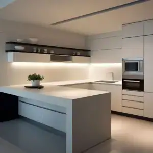 A modern kitchen with minimalistic design features white cabinets, a sleek L-shaped countertop with an integrated sink, and a built-in microwave. Open shelves displaying dishes are illuminated by under-cabinet lighting. A potted plant decorates the counter, showcasing a renovation Sydney homeowners will love.