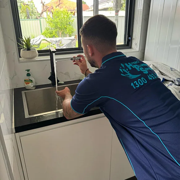 A plumber in a blue uniform kneels at a kitchen sink, working on the faucet. The sink area is clean, with a small potted plant on the countertop and a bottle of liquid soap nearby. Sunlight filters in through the window above the sink, hinting at his expertise beyond just toilet repairs Sydney loves.