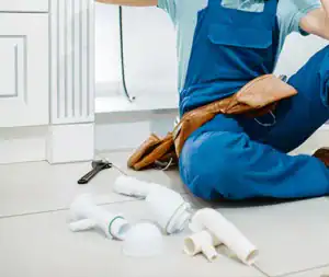 A local plumber wearing blue overalls and a tool belt sits on a tiled floor near a disassembled sink pipe and assorted plumbing fittings. A wrench lies nearby on the floor, and part of a cabinet is visible in the background.