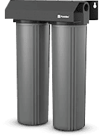 An image of a dual-stage water filtration system with two vertical cylindrical gray filter cartridges and a black mounting bracket on top. The cartridges, labeled with the brand name "Puretec," are popular among plumbers in Sydney for their reliability and efficiency.