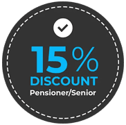 A circular badge with a dark background and dashed border announces "15% Discount Pensioner/Senior" in blue and white text, perfect for contacting your local plumber in Sydney. There is a white check mark inside a smaller dark circle at the top of the badge.